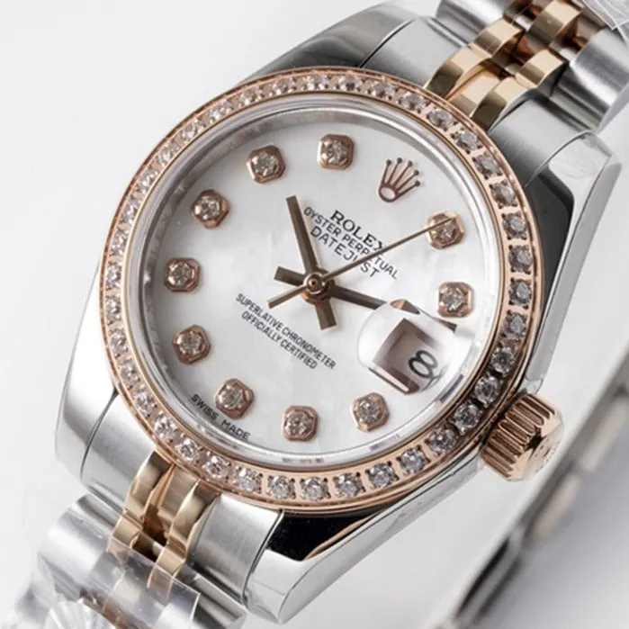 top-tier watch Rolex women's white dial Date just steel bracelet watch side view
