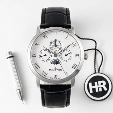 Top-tier watch Blancpain manual winding mechanical men's white dial black belt classic series leather strap watch front view