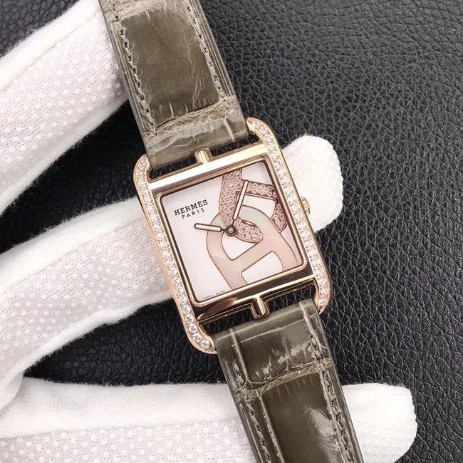 YF factory top collectible watches Hermes women's white disk brown belt square steel belt quartz watch side view