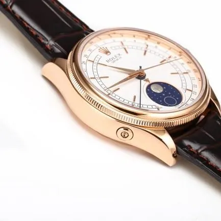 TWF factory Rolextop-tier watch men's white dial brown belt Cellini series 50535 moon phase watch side view