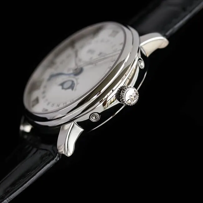 top-tier watch Blancpain men's white dial black belt villeret classic 6654moon phase display series leather strap watch front view