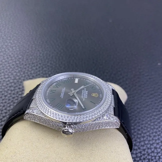 top-tier watch Rolex men's black dial black belt Datejust series fully automatic movementleather strap watch front view