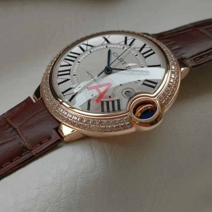 top-tier watch Cartier men's white dial blue balloon leather strap watch side view