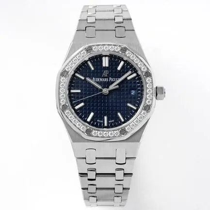 8F factory Audemars Piguettop-tier watch women's blue dialsteel braceletautomatic movement34mm Royal Oak series new watch front view