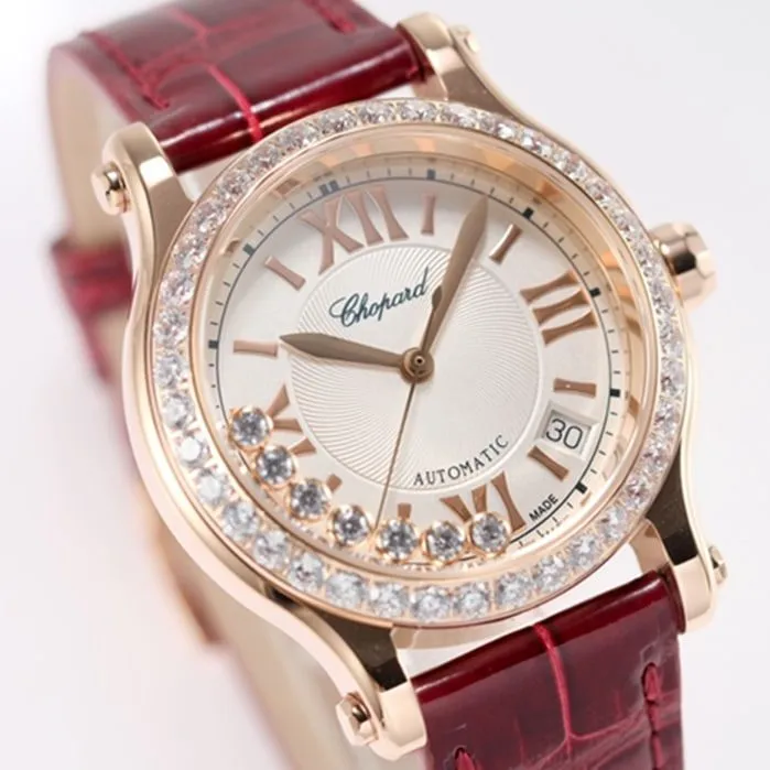 top-tier watch Chopard women's white dial red band HAPPY DIAMONDS series mechanical watch side view