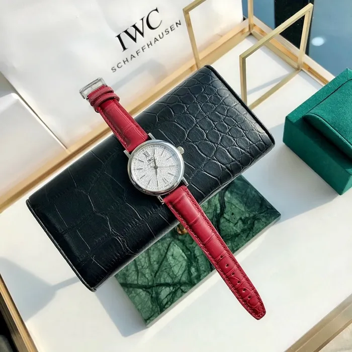 top-tier watch IWC women's white dial Portofino automatic movementleather strap watch front view