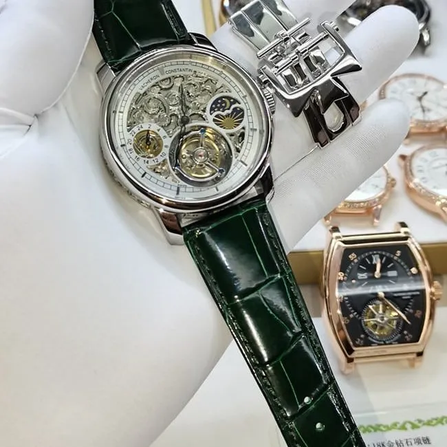 top-tier watch Vacheron Constantin men's white dial green strap fully automatic movementleather strap watch front view