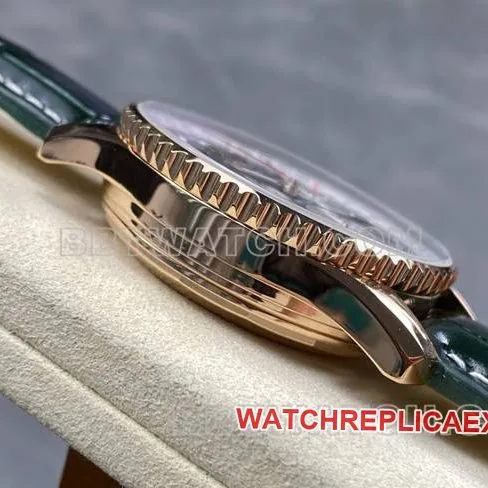 collectible watch BLS factory Breitling aviation chronographrose goldgreen dialleather strap side live photo
