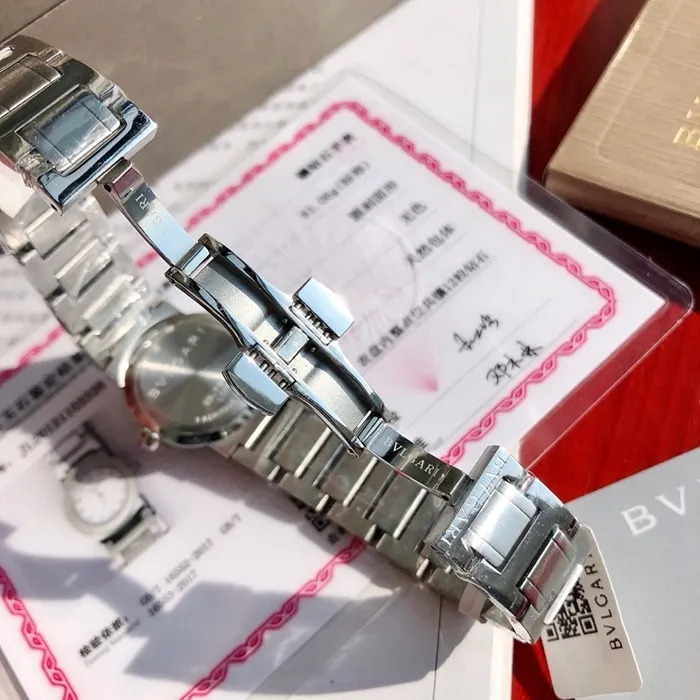 top-tier watch Bvlgari women's white dialsteel braceletquartz watch front view