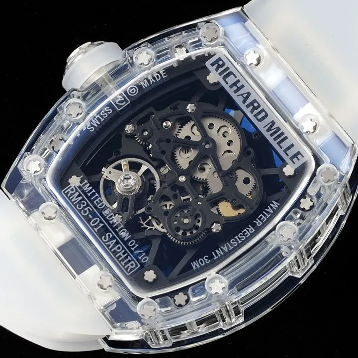 Richard Mille men's top-tier watch transparent hollow plate rubber model RM35-01side live photo