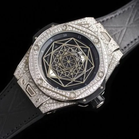 top-tier watch Hublot series tattoo OEM1:1 molded white steel black dial full diamond men's mechanical watch detail shots