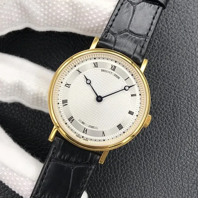 top-tier watch Breguet men's white dial black belt automatic movementleather strap classic series watch side view