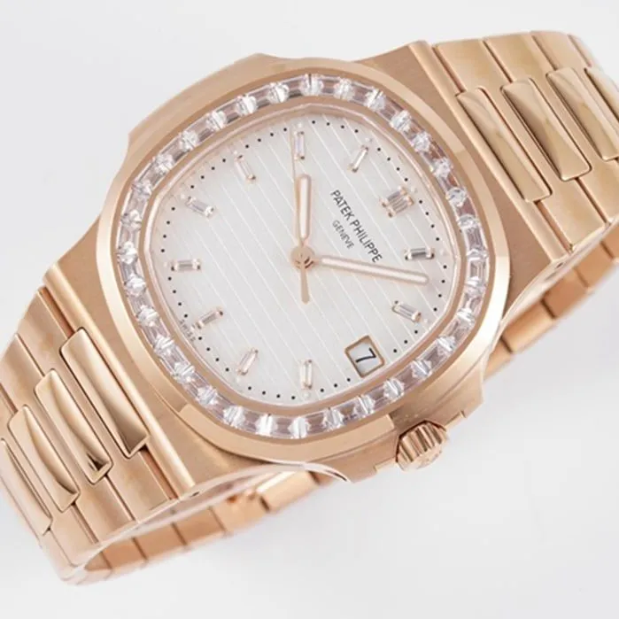 top-tier watch Patek Philippe men's white dialsteel bracelet watch front view