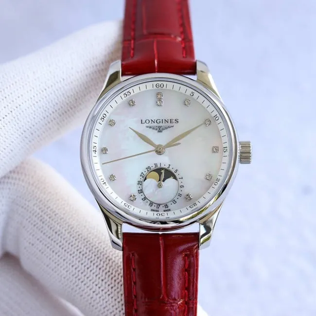 Longinestop-tier watch ladies white dial red strap famous craftsman series fully automatic movementleather strap side view