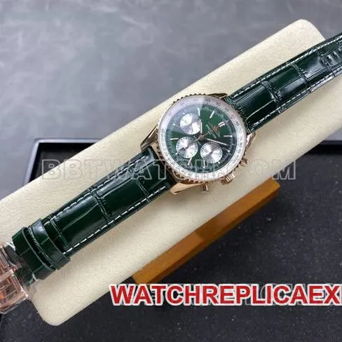 collectible watch BLS factory Breitling aviation chronographrose goldgreen dialleather strap caseback live photo