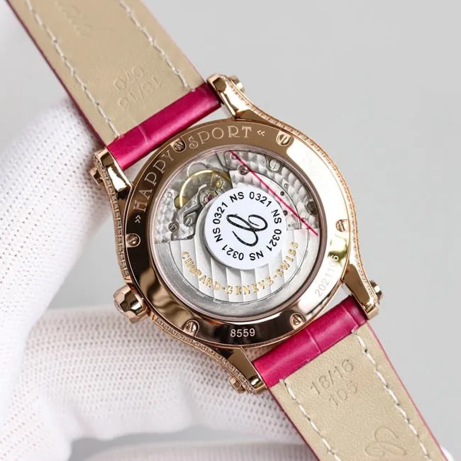top-tier replicaChopardsuper clonechopard Happy Sport series ladies pink plate pink belt automatic movementleather strap watch movement picture
