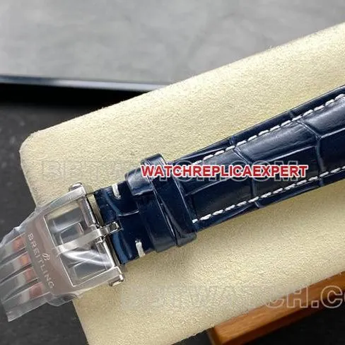 watch BLS factory Breitling aviation chronograph diamond light blue dialleather strap model side live photo