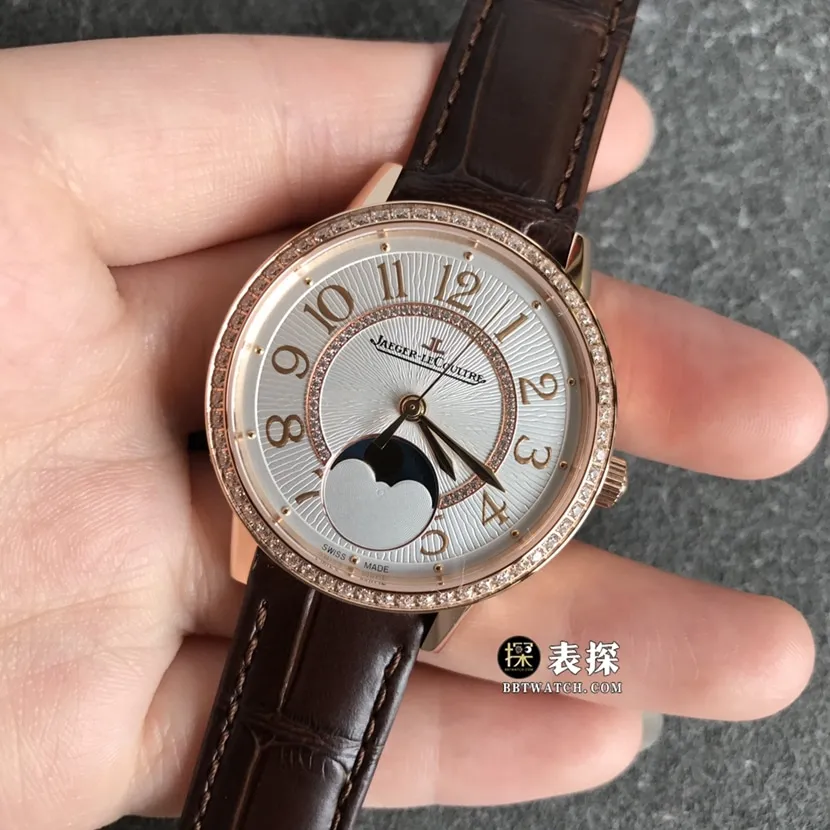 ZF FactoryJaeger-LeCoultre date top-tier watch women's silver dialmoon phaseleather strap model pictures and prices side live photo