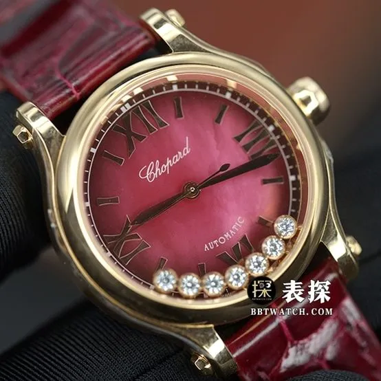 YF Happy Diamond Chopard1:1replica watch red mother-of-pearl disc rose gold8 smart diamondleather strap model 275378-5005front live photo