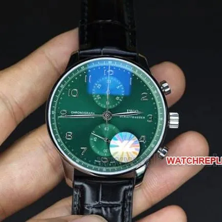 YL factory top-tier watch IWC green Portuguese watch 150th anniversary commemorative model men's green dial black belt full automatic movement see-through bottom leather strap watch front view