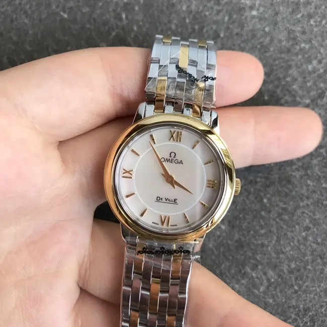 DK factory top-tier replicaOmegasuper watch women's white dial gold steel bracelet new quartz butterfly series watch side view