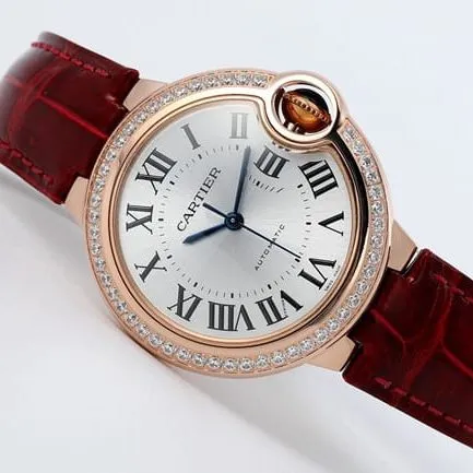 V6 factory top-tier watch Cartier automatic movement blue balloon series 33mm women's white dialleather strap watch front view