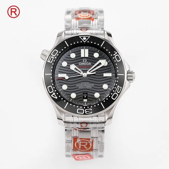 Top Omega Men's Black Plate Steel Strap Seamaster 300M Automatic Mechanical Watch Front View