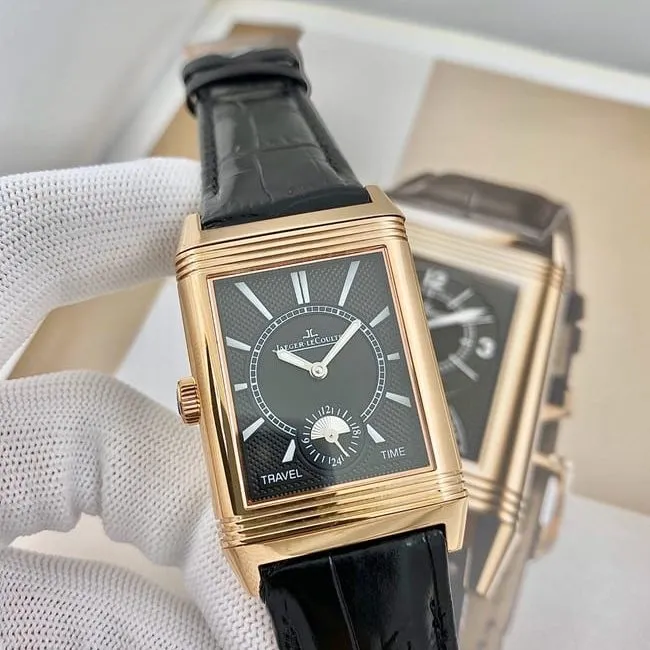 top-tier watch Jaeger-LeCoultre men's white dial flip series black belt manual winding watch side view