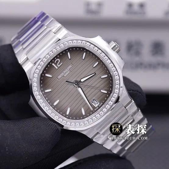 3K Factory sporty and elegant Patek Philippe1:1replica watch lume gray black with diamond bezelsteel bracelet model 7118/1200A-011caseback live photo