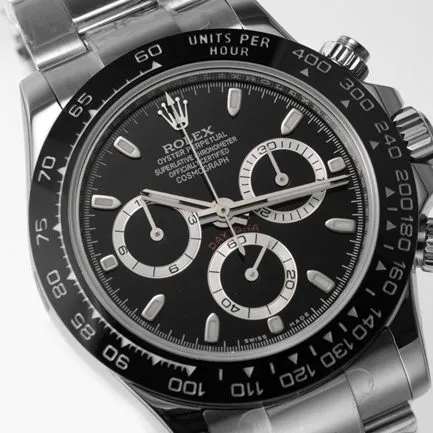 top-tier replicaRolex men's black dialsteel bracelet Cosmograph Daytona mechanical watch front view