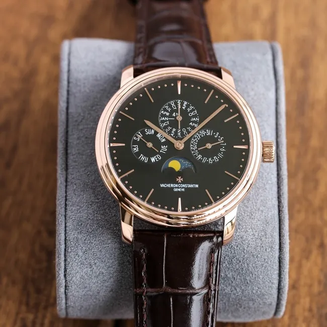 TW factory top-tier replicaVacheron Constantin super a watch men's black dial black belt heritage series perpetual calendar multifunctional mechanical leather strap watch detail shots