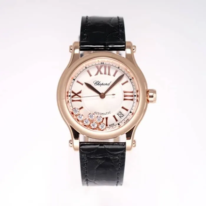 Top collectible watches Chopard Women's White Plate Black Strap Happy Diamonds Collection Front View