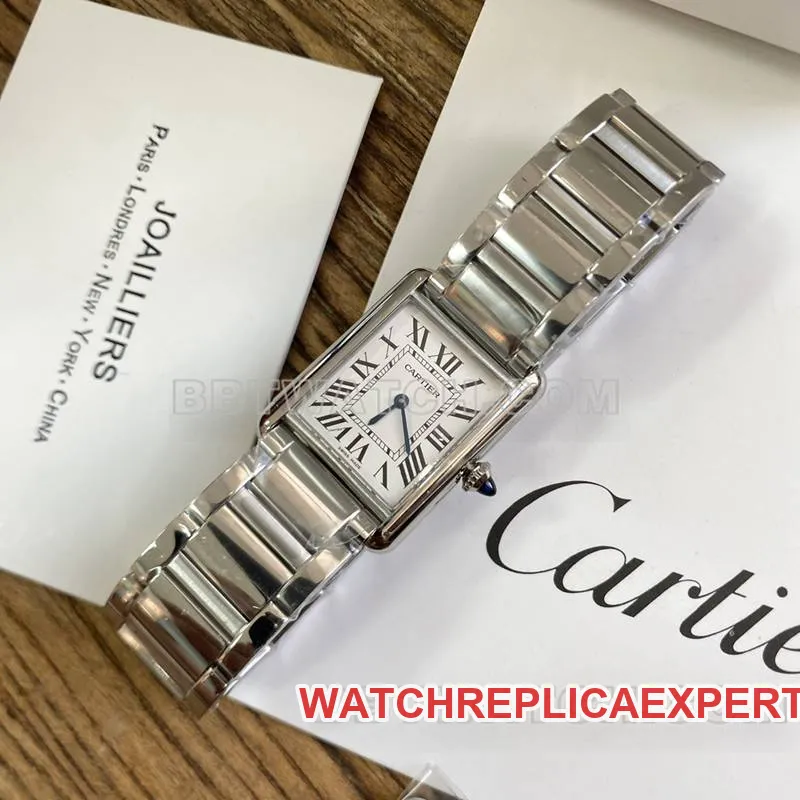 Cartier watch tank white dial blue steel hands mechanical steel bracelet model front live photo