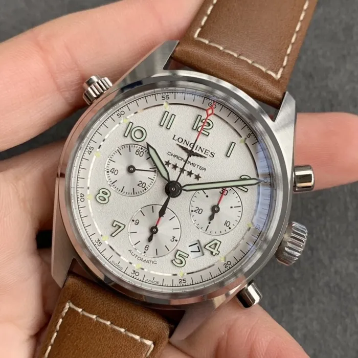 top-tier watch Longines men's white dial pioneer series leather strap watch side view