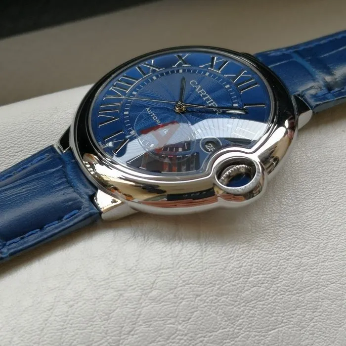 top-tier watch Cartier men's blue dial blue balloon series mechanical leather strap watch front view