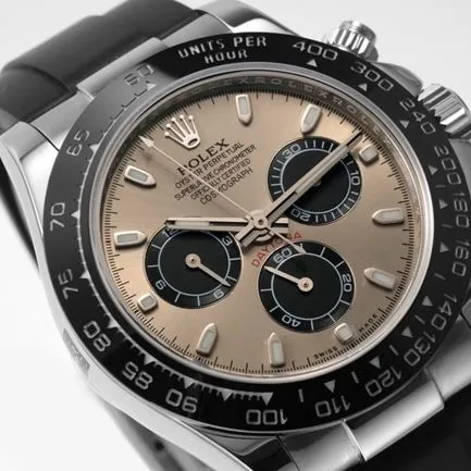 Top Rolex men's watch, brown dial, rubber strap, hottest Cosmograph Daytona model, mechanical watch, side view