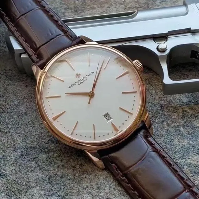 MKS Factorytop-tier replicaVacheron Constantin men's white dial brown belt heritage series 85180automatic movementleather strap watch clasp picture