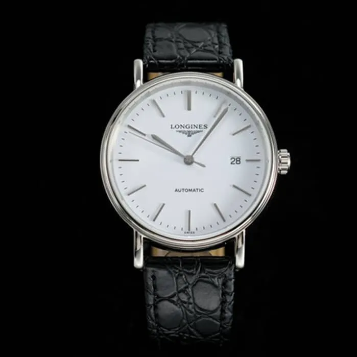 top-tier watch Longines men's white dial black belt magnificent series leather strap watch front view