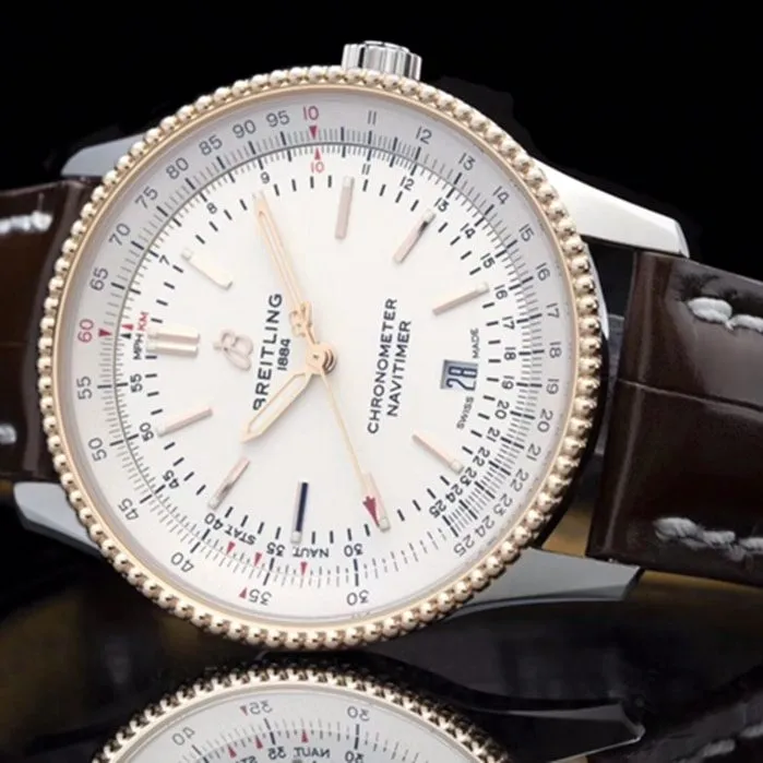top-tier watch Breitling men's white dial aviation chronograph1 series leather strap watch front view