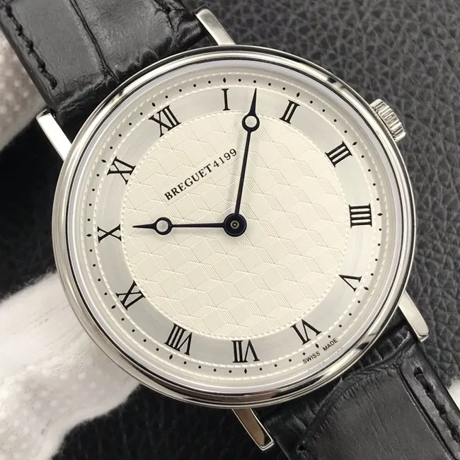 Top watch Breguet men's classic series white dial black strap mechanical leather strap watch side view