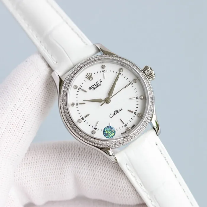 Top Rolex Ladies' Cellini series black dial leather strap watch, front view