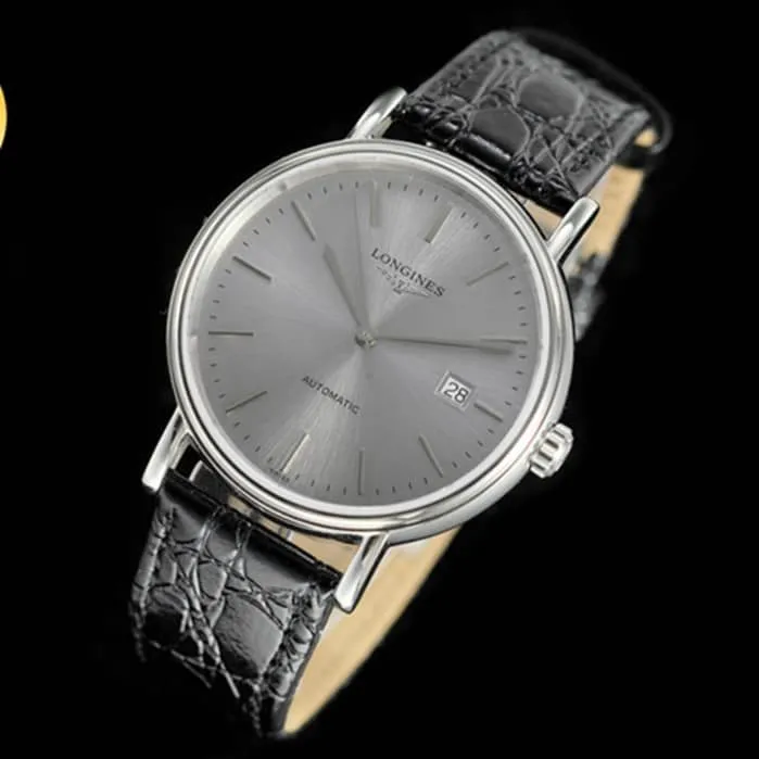 top-tier watch Longines men's gray plate black belt magnificent leather strap watch front view