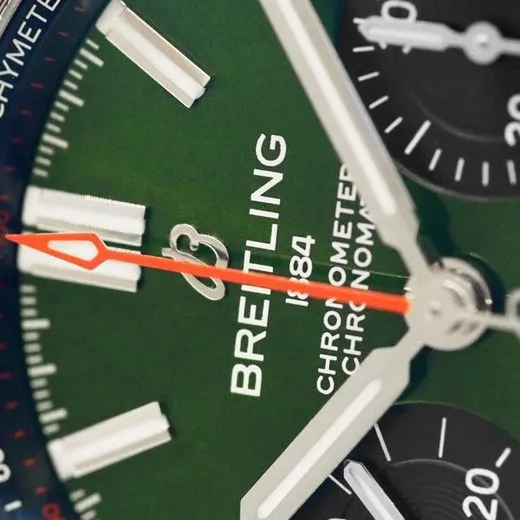 top-tier watch Breitling men's green dial steel automatic movement watch detail shots
