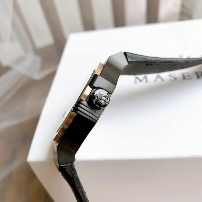 top-tier watch Maserati men's black dialquartzleather strap watch front view