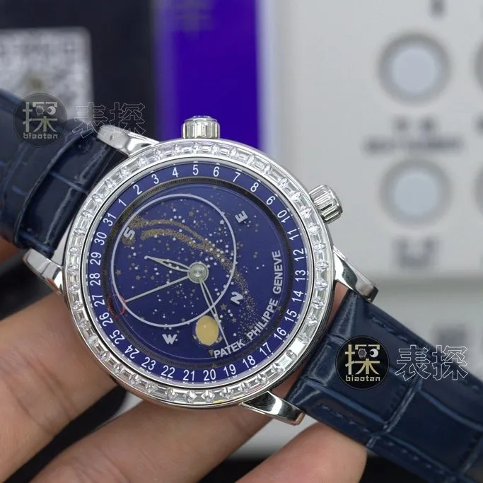 yl Gypsophila Patek Philippe1:1replica hand bezel diamond blue dial blue leather bracelet side view