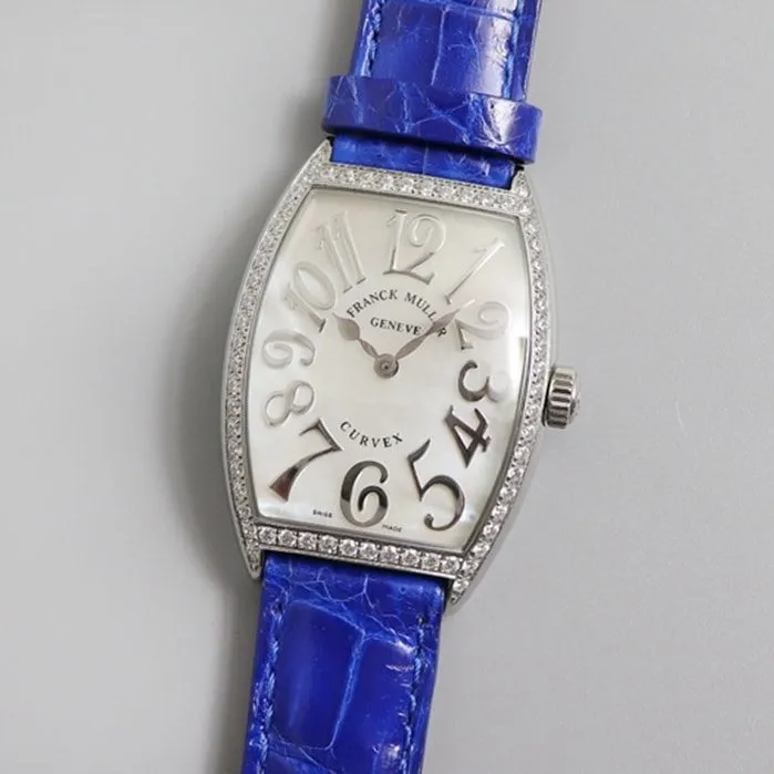 top-tier watch Frank Muller women's white dial barrel quartz watch side view
