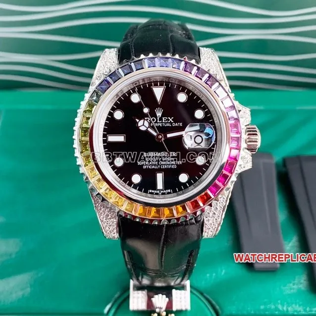 Rolex Submariner super cloneblack dial rainbow diamond bezelleather strap front live photo