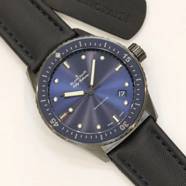 top-tier watch Blancpain men's blue dial nylon strap fifty fathom series watch detail shots