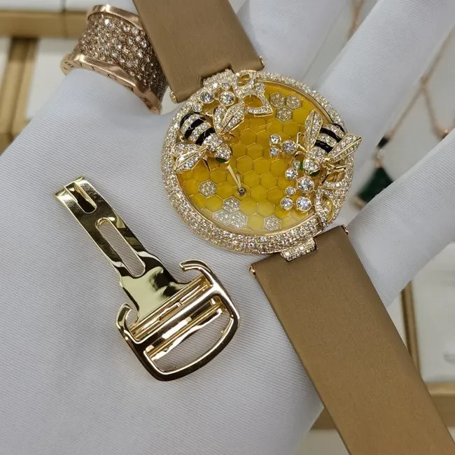top-tierCartierreplica watch women's gold plate brown belt creative gemstone series quartzleather strap side view