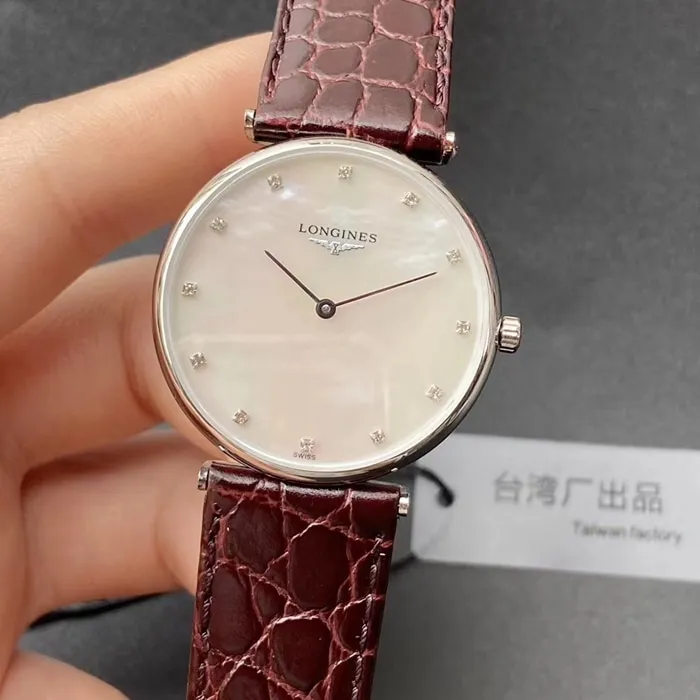 top-tier watch Longines couple watch white dial brown belt Jialan series leather strap watch side view